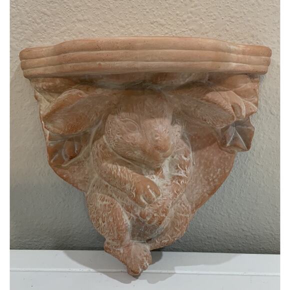 Vtg Terracotta Peach Bunny Rabbit Floral Botanical Spring Wall Shelf Sconce - Picture 2 of 8